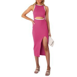 Cutout Crew Neck Slit Ribbed Bodycon Midi Dress, SMALL, 15E-161D002